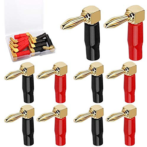 RUNCCI-YUN 10Pcs 90 gradi Banana spine,connettori a banana a forma di L, 24 K placcato oro 4 mm connettore altoparlante per cavo altoparlante, ricevitori audio/video, amplificatori (rosso e nero)