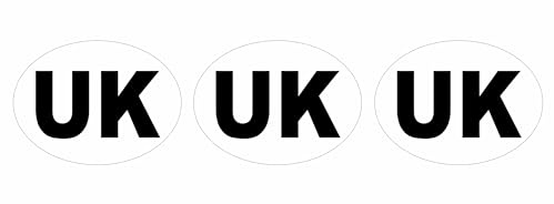 UK Car Stickers White Oval, Pack of 3, 75mm by 55mm