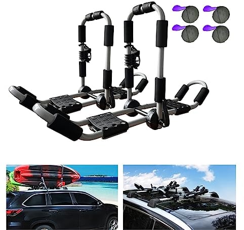 ASMSW 1 paire de barres de toit 4 en 1 pour kayak/surf/skis, barres de toit pliables et réglables en forme de J avec 4 sangles d'arrimage sur le toit de voiture, SUV, camion, noir, argenté