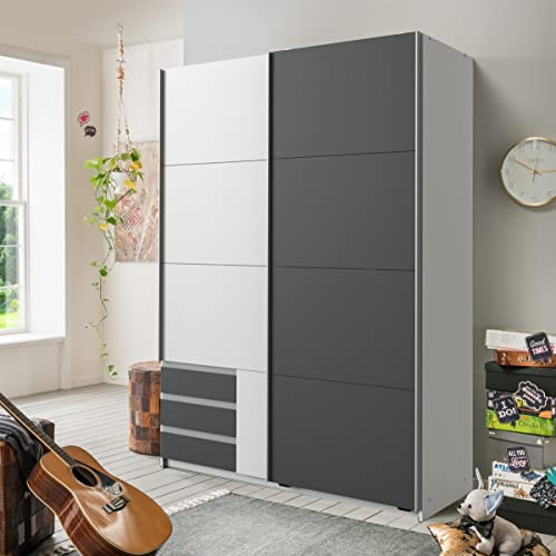 möbelando Schwebetürenschrank Schiebetürenschrank Schrank Schlafzimmer Schrank Eugenio I Weiß/Graphit