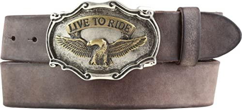 Gürtel mit Adler-Gürtelschnalle aus weichem Vollrindleder 4 cm Used-Look | Druckknopf-Gürtel für Motorrad-Fahrer 40mm | Vintage-Look