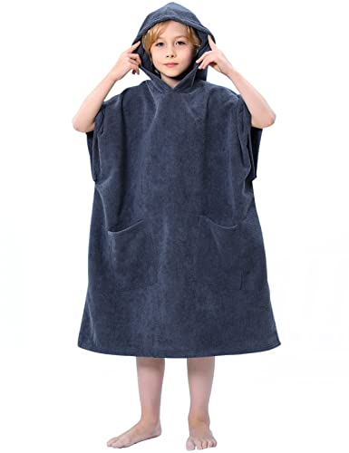 TOMEEK Handtuch Poncho mit Kapuzen Für Kinder Weich Strandponcho Teenager Surfponcho Badeponcho Strandtuch Bademantel mit Tasche Ideal Für Ferien, Schwimmen, Surfen, Strand, Bad(Grau)