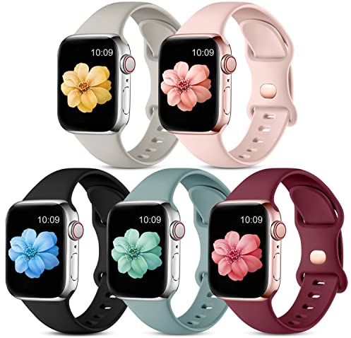 CeMiKa 5 Pack Straps Compatible for Apple Watch Strap 38mm 40mm 41mm 42mm 44mm 45mm 46mm 49mm, Soft Silicone Sport Strap for iWatch Series 10 9 8 7 6 5 4 3 SE, Women Men, 38mm/40mm/41mm-S/M