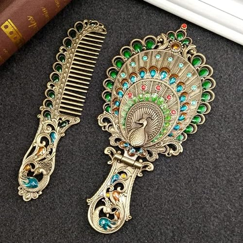 BYVUTE Handspiegel-Set, Vintage-Make-up-Spiegel und Kamm, antikes Prinzessinnenschloss, Kosmetikspiegel, dekorativ, geprägte Haarbürste, Geschenk für Frauen und Mädchen (Pfau 1)