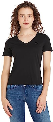 Tommy Jeans Mujer Camiseta Manga Corta TJW Slim Soft Cuello de Pico, Negro (Black), L