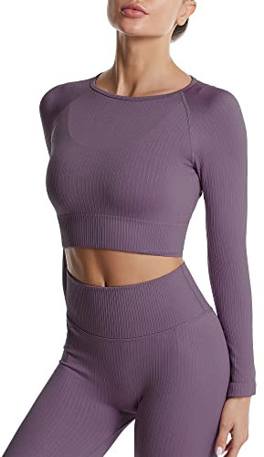 SEAUR Sport Oberteil Damen Fitness Langarm T-Shirts Yoga Crop Top Gym Longsleeve Sportshirt Eng Laufshirt - M