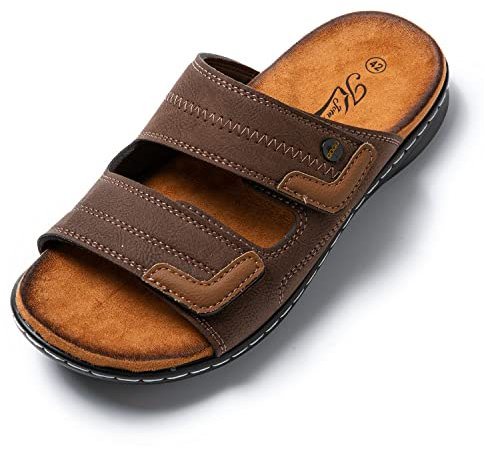 JOMIX Sandales Homme en Cuir Chaussures de Plage Tongs Hommes Chaussons d'été Confortables pour Maison Piscine Mer Douche (Marron, 40)