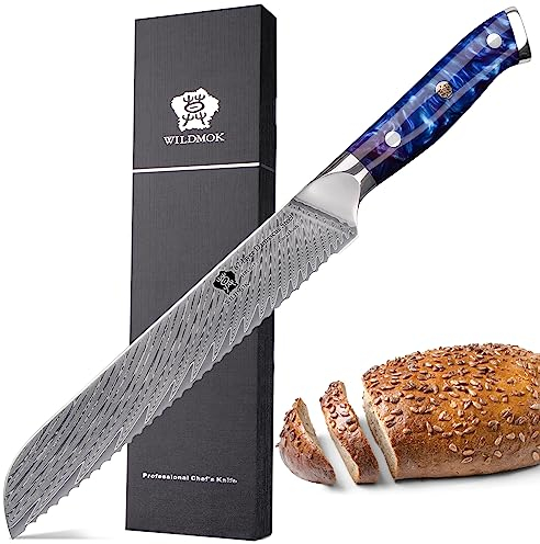 WILDMOK Brotmesser mit Wellenschliff 20 cm, Brotmesser aus 67-lagigem Damaststahl, Brotmesser, gezahnt, Damaststahl mit Federmuster, Full Tang, ultrascharfes Brotmesser