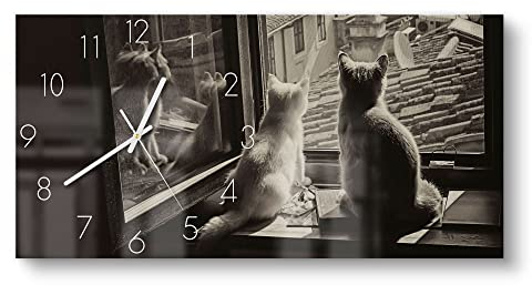 DEQORI Glasuhr | vertikal 60x30 cm | Motiv Katzen auf Fensterbrett | große XXL Design Uhr aus Glas | leise Wanduhr für Wohnzimmer & Küche | Moderne Hingucker Uhr für die Wand