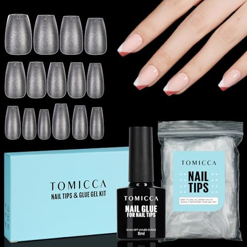 TOMICCA Coffin Nail Extension Kit - 4-in-1 Base Gel & Glue with 150Pcs Full Cover Tips | Beginner Friendly Salon Set, Easy DIY Matte Nails Gift for Women/Girls