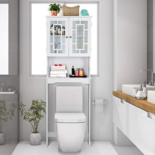 COSTWAY Estantería para Inodoro WC con 3 Estantes y 2 Puerta, Mueble de Baño de Madera Mueble Alto de Almacenamiento sobre Lavadora (Blanco)
