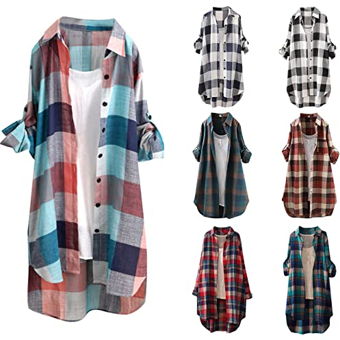 HOOUDO Kariertes Damen Bluse Lang Leinenhemd Knopfleiste Hemd Casual Boyfriend Hemd Overshirt Plaid Karohemd 3/4 Ärmel Langarmshirt Holzfällerhemd Oberteile Tops