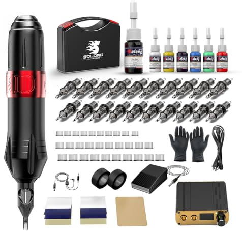 Solong Tattoo Hybrid Profi-Tattoomaschinen-Set Hochleistungsmotor, 20 Nadeln, Präzisions-LCD-Stromversorgung, Pedal, 7 Premium-Tinten & Tragekoffe