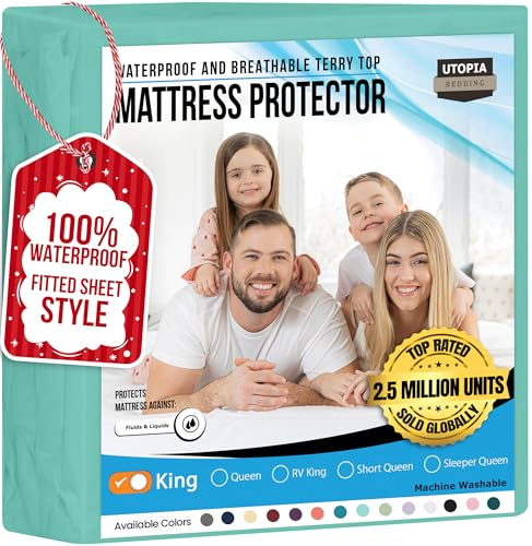 Utopia Bedding waterproof, breathable fitted mattress protector with stretch pockets, 200 g/m², king-size, spa blue.