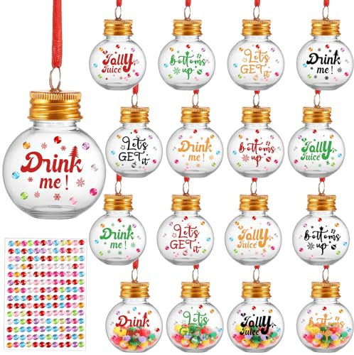 16 Pieces Christmas Booze Balls, 4 Styles Christmas Fillable Booze Tree Ornaments Clear Plastic Xmas Pendant Hanging Balls with Ribbon and Diamond Sticker for Party Decoration(50ml)