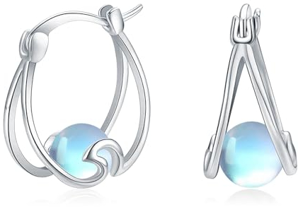 Mondstein Creolen für Damen - 925 Sterling Silber Huggie Ohrringe, Klappbare Kreis Creolen - Geschenk für Frauen und Mädchen
