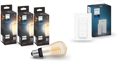 Philips Hue White Ambiance E27 Edison ST64 Filament 550lm, dimmbar, alle Weißschattierungen, App-Steuerung -3er Pack inkl. Hue Dimmschalter für kabelloses Dimmen und Lichtszenenabruf, Weiß