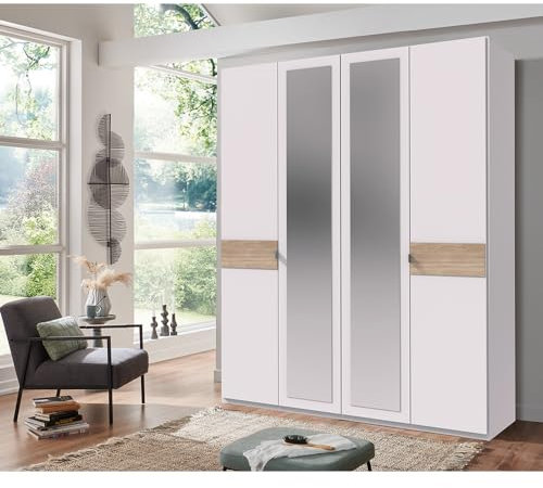 Lomadox Kleiderschrank Drehtürenschrank 4-türig mit 2 Spiegel 180 cm breit in weiß mit Eiche