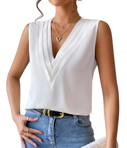 ORANDESIGNE Débardeur Femme Chic Et Élégant Top Chemisier Sexy Blouse Ample Haut Été sans Manches Tee Shirt Col V Fluide Mode Casual Chemise Classique Debardeur Travail Camisole B Blanc XL