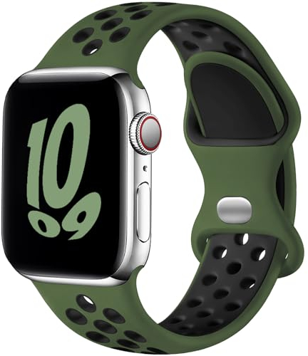 Upeak Sport Cinturino Compatibile con Cinturino Apple Watch 44 mm 45 mm 46 mm 42 mm, Cinturini a Doppio Foro in Silicone Traspirante per iWatch Ultra SE Series 9 8 7 6 5 4 3 2, L, Verde Militare/Nero