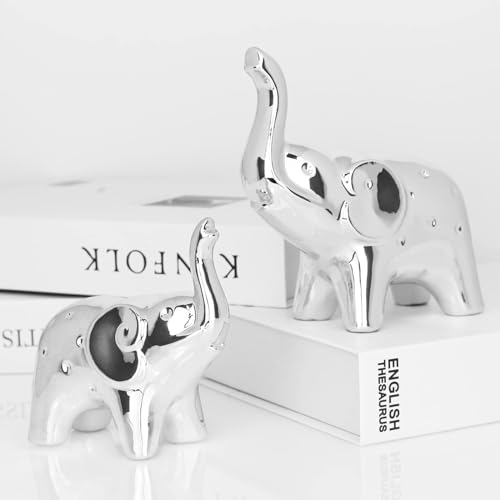 Irayin Elefantes Decoracion Figuras, 2 Piezas Elefante de la Suerte, Figuras Decorativas Modernas Salon, Decoraciones Artesanales de Cerámica de Elefante para Salón, Escritorio, Oficina - Plata