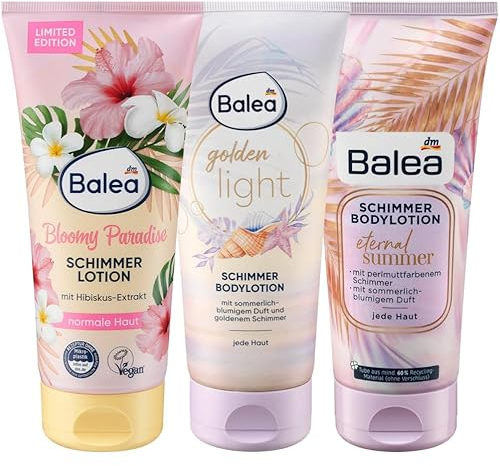 Balea 3er-Set Schimmerlotion: Körperlotion BLOOMY PARADISE goldener Glow (200 ml) + Lotion GOLDEN LIGHT mit Goldschimmer (200 ml) + Bodylotion ETERNAL SUMMER perlmuttfarbener Schimmer (200 ml), 600 ml