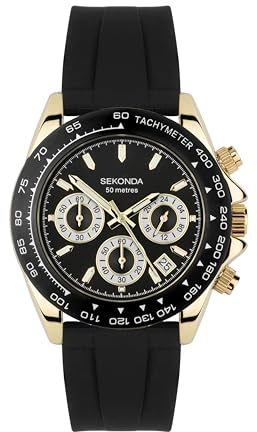 Sekonda Classic Circuit Herren-Chronograph, 43 mm, analog, Datumsanzeige, Edelstahlarmband, Schwarz, Schwarz, Gold, Klassisch