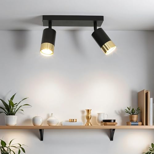 Licht-Erlebnisse Deckenlampe Schwarz, Gold, Deckenleuchte GU10, Spot Lampe Decke, flexibel, 25 cm lang, zielgerichtet, Flur, Küche, Deckenstrahler 2 flammig
