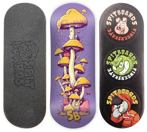SPITBOARDS 34mm Fingerboard Deck - Real Wood (5-Layers) Classic Popsicle Street Shape - Size: 34 x 96 mm - Single Graphic Deck (Real Wear) - Optimized Concave - Mushroom Cheese
