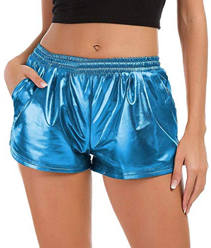 Metallic Hosen Damen Kurz - Lederhose Damen Schwarz High Waist - Pailletten Hose Kurze Hochtaillierte Shorts Glänzendem Leder Mit Taschen Glitzer Tanzshorts High Elastic Hot Pants Kurzhose