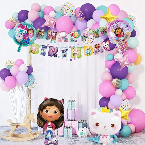 Junyaoii Lot de 137 Décorations Gabby - Ballons en Aluminium et Latex, Bannière Happy Birthday pour Anniversaire d'Enfants