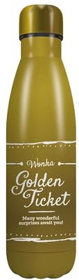 Half Moon Bay Willy Wonka - Charlie Chocolate Factory Golden Ticket - Surprises Await - Yellow 16 Ounce (500ml) Double-Walled Stainless Steel Sports Water Bottle