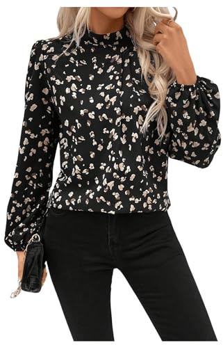 SweatyRocks Bluse Damen Elegant Langarm Blusen Hemdbluse Stehkragen Oberteil mit Blümchen Langarmshirts mit Überalles Muster Schwarz L
