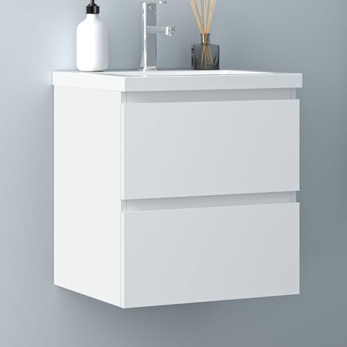 Biubiubath Badezimmermöbel 50cm Keramik Waschtisch mit Unterschrank Badmöbel Set Badezimmerschränke mit 2 Soft-Close Schubladen Weiß Matt