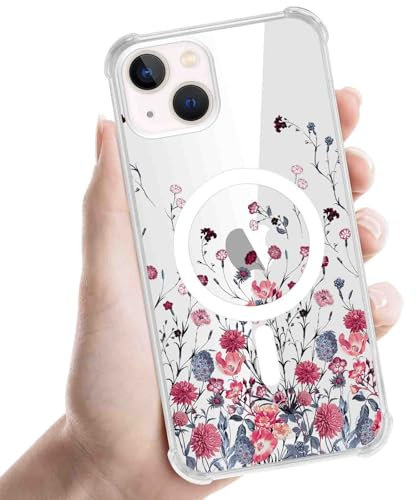 Foonary Transparent Cover Magnetic for iPhone 14/iPhone 13 6.1,Compatible with Mag-Safe with Red Flower Aesthetics Pattern Case Wireless Charging,Protective Bumper Soft Silicone Cases for iPhone 14