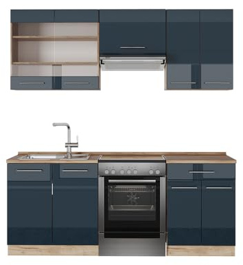 Vicco Küchenzeile Fame-Line, Dunkelblau Hochglanz/Eiche, 200 cm | 5 Module · Höhenverstellbare Füße · Ohne Arbeitsplatte · MDF-Fronten · Softclose · Metallgriffe