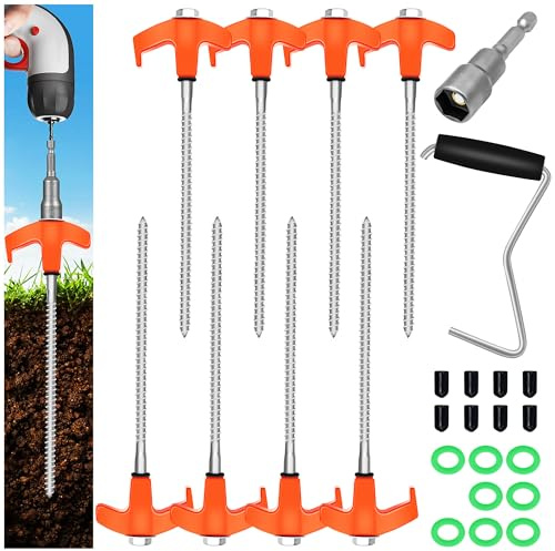 Tokeya Piquetas Camping Acero, Duraderas y Estables Piquetas para Tienda con Rosca y Extractor de Uñas, 8 Piezas Naranja Piquetas Camping Suelo para Jardinería, Camping, Pesca, Suelo Duro, Bosque