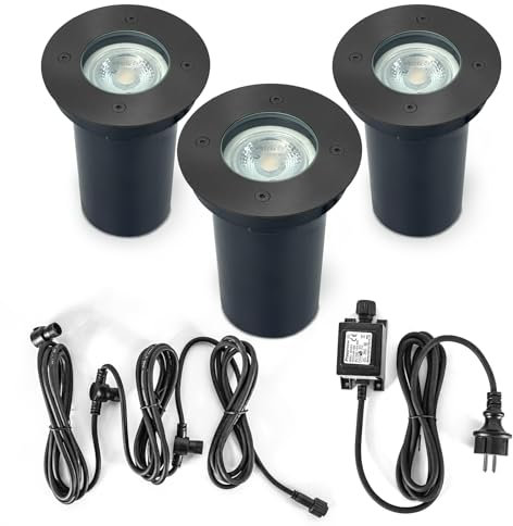JNR Bodeneinbaustrahler aussen schwenkbar Bodenleuchten,IP67 Wasserdicht 12V Außen Gartenbeleuchtung mit LED 3 * 4w MR16 warmweiß Bodenspot für Garten Balkon Auffahrt,Schwarz