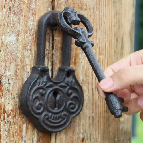 Antiker Türklopfer mit Schloss, handgefertigt, Gusseisen, Vintage, kleine Türklopfer für Haustür, Scheune, Schuppen, Tore, Tore, Schloss