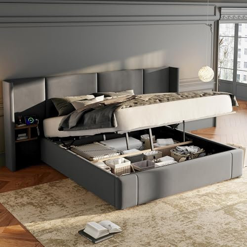 Merax Super King Size Ottoman Bed Frame, Velvet Ottoman Gas Lift Bed, Hydraulic Wide Ear Bed with USB Connection and Sockets + 2 Bedside Tables, Grey/180 * 200cm (No Mattress)