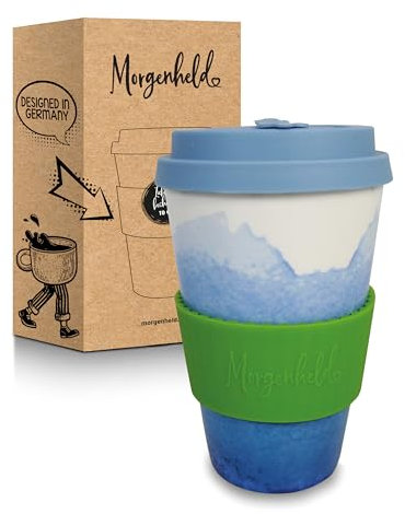 Morgenheld Coffee-to-go Becher Holi_blue 380ml | Porzellan Kaffeebecher mit Silikondeckel, BPA-frei, nachhaltiger Trinkbecher mit Deckel, plastikfrei verpackt | Perfekt für Kaffee, Tee & unterwegs