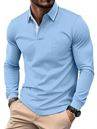 JACKETOWN Poloshirt Langarm Herren Golf Polo Shirts Knopfleiste Polohemd Arbeit Casual Hemd mit Tasche Männer Atmungsaktives Pullover Business Freizeit Sport T Shirts M-3XL
