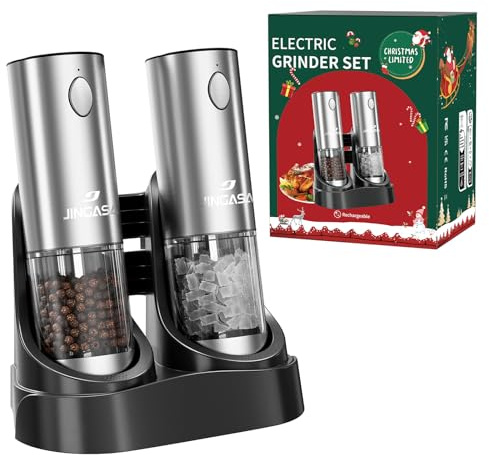 [Upgraded Larger Capacity] Electric Salt and Pepper Grinder Set with USB Charging Base, 95ml Large Capacity, Adjustable Coarseness,Stainless Steel Automatic Pepper Mill (Upgraded Capacity-Gift box)