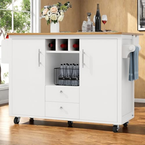 OLIVIBED Kücheninsel mit Klappbare Tischplatte, Küchenwagen mit 2 Schubladen und 2 Türen, Küchenschrank mit Rollen und Offene Fächer, Kitchen Island für Küche, Esszimmer, 120x73(45) x92cm, Weiß