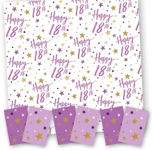 Geschenkpapier zum 18. Geburtstag für Mädchen, 5 XL-Bögen (50 x 70 cm), Geschenkpapier mit passenden Etiketten, Schneidegitter auf der Rückseite, hergestellt in Großbritannien