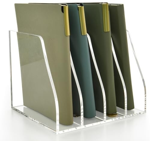 AIMOLLY Acrylic Magazine File Holder, 4 Vertical Compartments Desk Document Sorter Organizer, Clear Folder Rack Binder for Office/Home/Classroom, for Documents, Tablet, Magazines, Books & Accessories