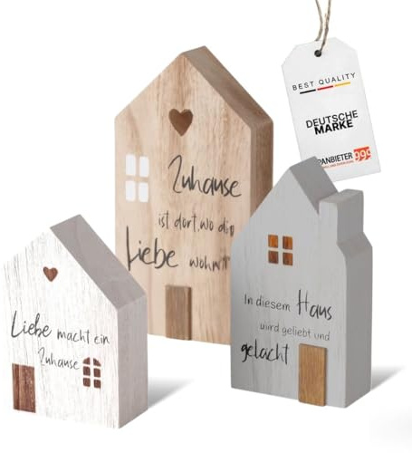 Dekoaufsteller Holz 3er Set – Moderne Wohnaccessoires mit liebenvollen Sprüchen– Hochwertige Holzdeko - Stilvolle Deko-Häuser aus Blauglockenbaum-Holz (Dekoaufsteller Haus weiß grau beige)