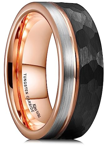King Will Loop Wolframkarbid Hochzeit Band 8mm Rose Gold Line Ring Schwarz und Silber gebürstet Comfort Fit