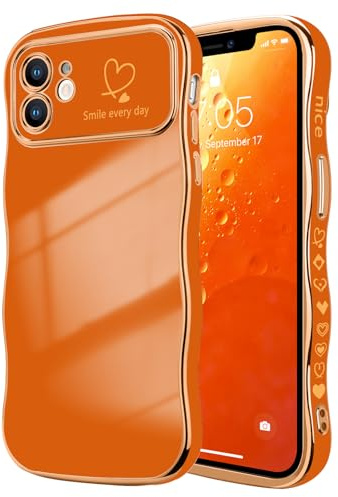 LCHULLE for iPhone 12 Case Cute for Women Girls Wavy, Orange | Luxury Plating Curly Wave Shape Frame with Love Heart Pattern, Raised Camera Protection Back Cover Shockproof Phone Case