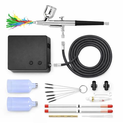 Airbrush Kit with Compressor 40PSI Pressure Dual-Action Air Brus with 0.2/0.3/0.5mm Nozzle Cleaning Brushes Set for Model Painting Cake Decorating Nail Art T-Shirt Design Complete Starter Pro Kit